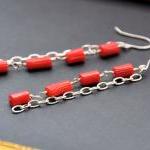 Bamboo Coral Earrings Red Stone Sterling Silver..