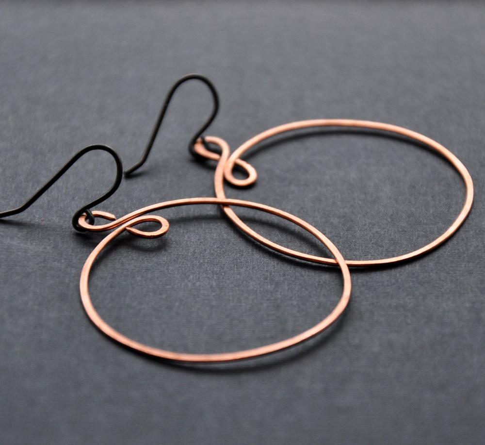 Copper Hoop Earrings Hammered Thin Wire Jewelry Mixed Metal Orange Black Silver Rustic Hand Forged Thin Infinity Circles