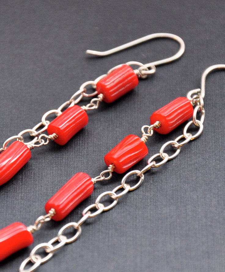 Bamboo Coral Earrings Red Stone Sterling Silver Long Chain Accessory Gem Jewelry Natural Semi-precious Stone Dangle Summer Fashion