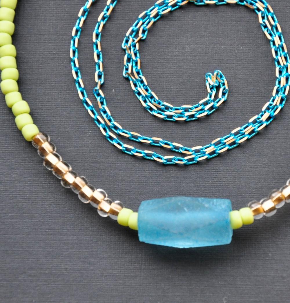 Recycled Glass Necklace Seed Bead Long Chain Necklace Aqua Blue Lime Green Teal Gold Summer Fashion Weekend Wear Resort Beachwear Accessory